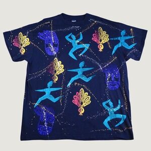 Honors Graphic Tee Women Plus Size Navy Blue Vintage 90s Tribal Mask Art T-Shirt